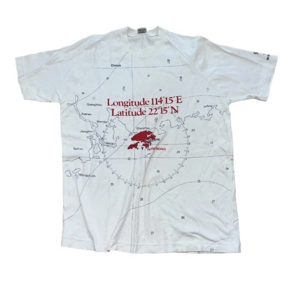 Vintage Dim Sum Hong Kong Map Coordinates AOP Single Stitch Shirt Size Large